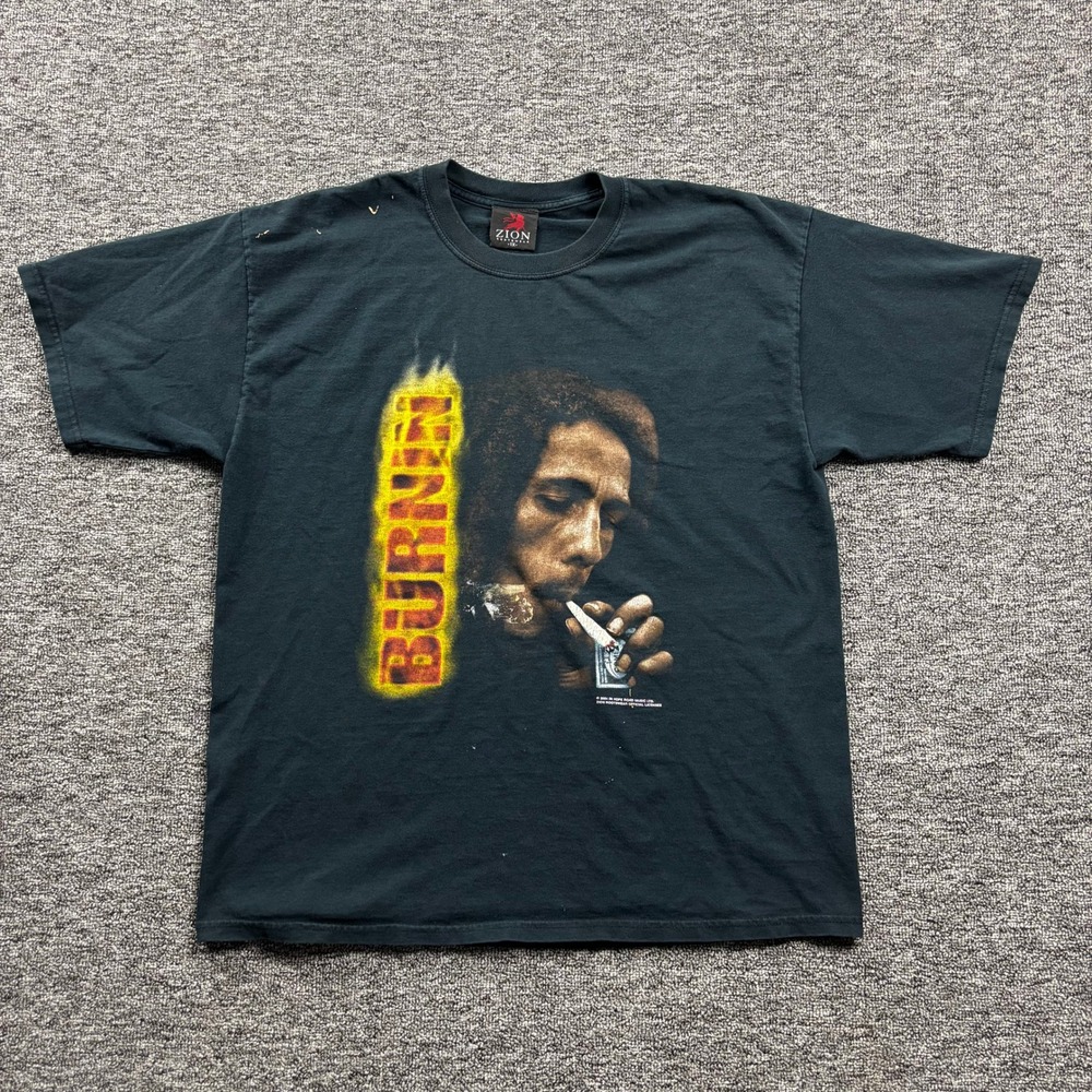 Y2K 2000s Zion Rootswear Bob Marley Burnin Reggae Graphic T-Shirt Black XL